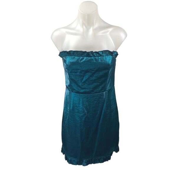 About Us Blue Silk Satin Sleeveless Strapless Ruffle Tube Bandeau Mini Dress M - Picture 1 of 4
